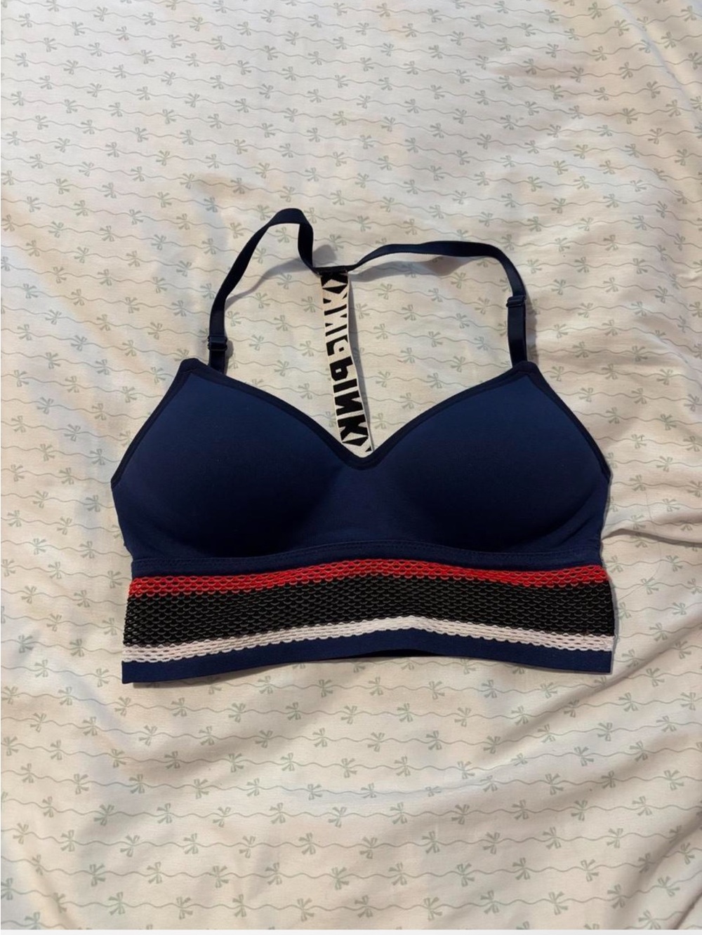 Navy Padded sports Bra with Striped Mesh Band -